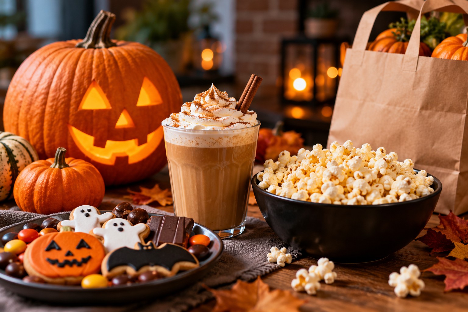Zakupy na Halloween - dynia, Pumpkin Spice Latte, słodycze i popcorn jako przykłady sezonowych produktów